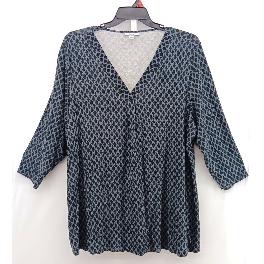 Croft & Barrow Shirt Women Plus Size 2X Blue Black Geometric V Neck Pullover Top